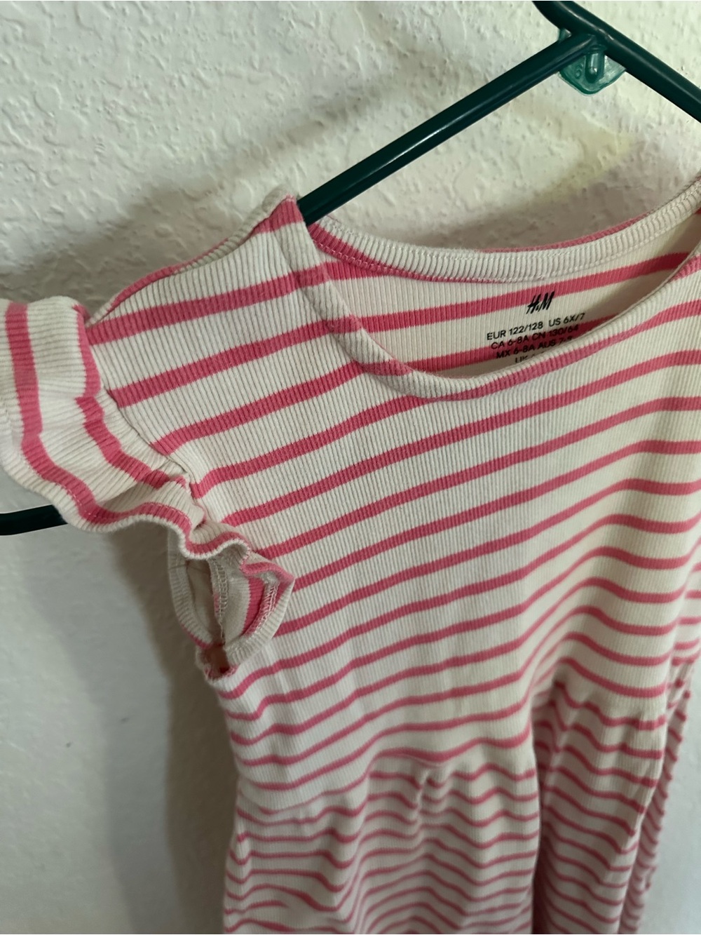 H&M White and Pink Striped Ruffle Sleeve Dress